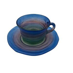 Handmade Multicolor Glass Teacup And Saucer Set Painted Round Handle Blue Green